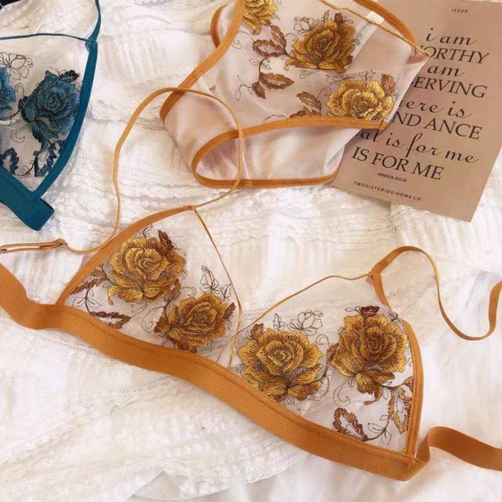 Sheer Floral Embroidered Bralette & Brief Set - Amber - Picture 3 of 9